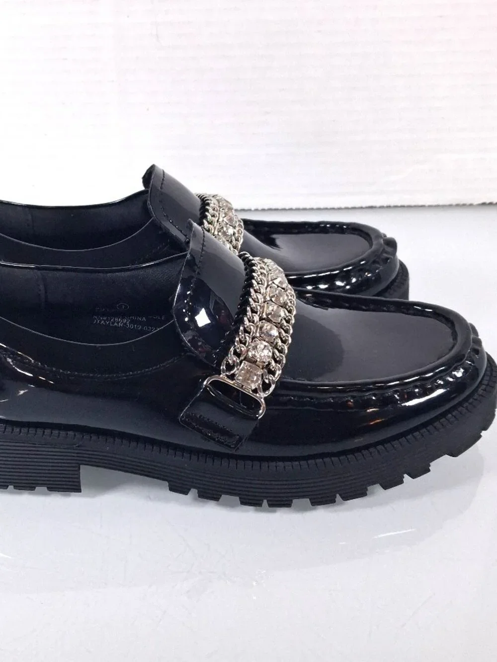 Steve Madden Girls Size 1 Black Taylar Loafers Slip On Shoes Rhinestone Accent